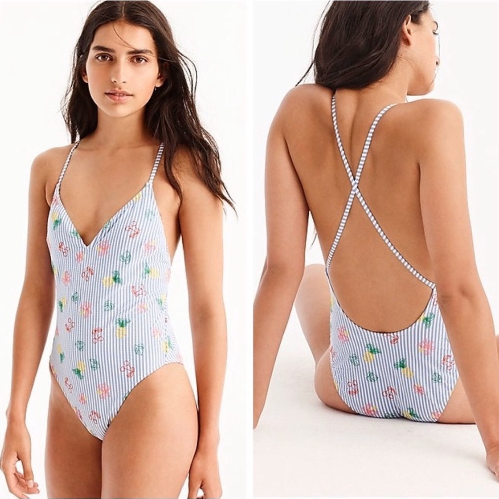 J. Crew Blue Striped Floral One Piece Swimsuit
